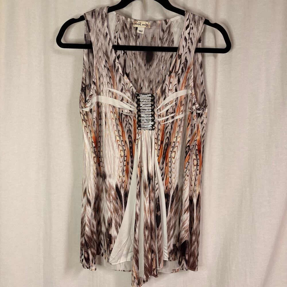 World Unity Sleeveless Blouse Small Boho Print Sequin Detail Flowy